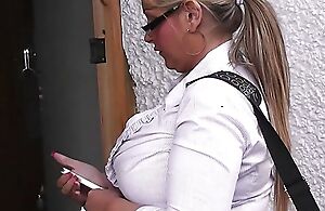Big tits woman at one's disposal work spreads legs