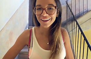 Busty teen girl wearing glasses enjoys